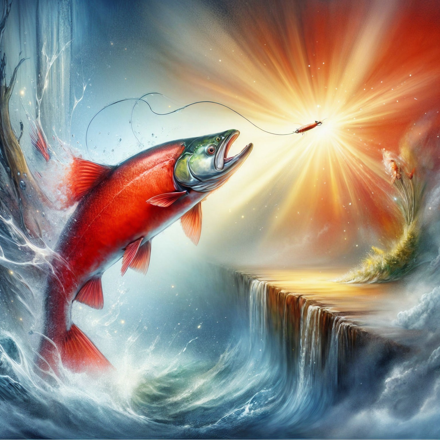 Surreal Scene of Salmon Leaping in Turbulent Waters