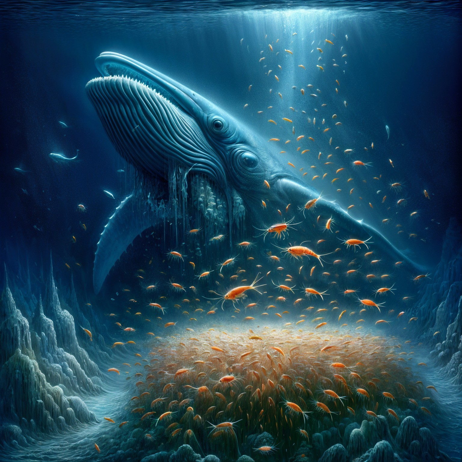 Whale Rising Above Coral Reef in Underwater Scene