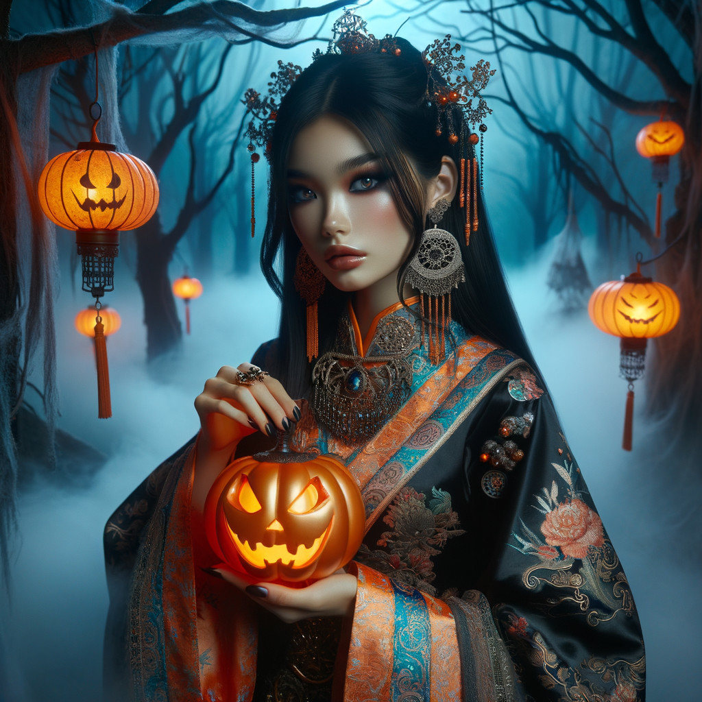 Moonlit Forest Scene with Traditional Outfit and Lanterns
