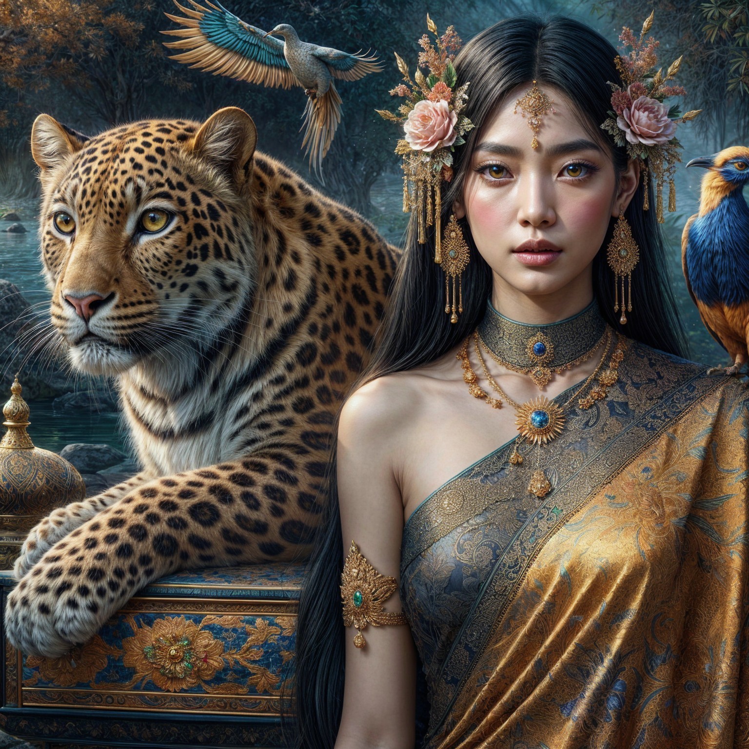 Majestic Woman in Ornate Sari with Leopard and Birds