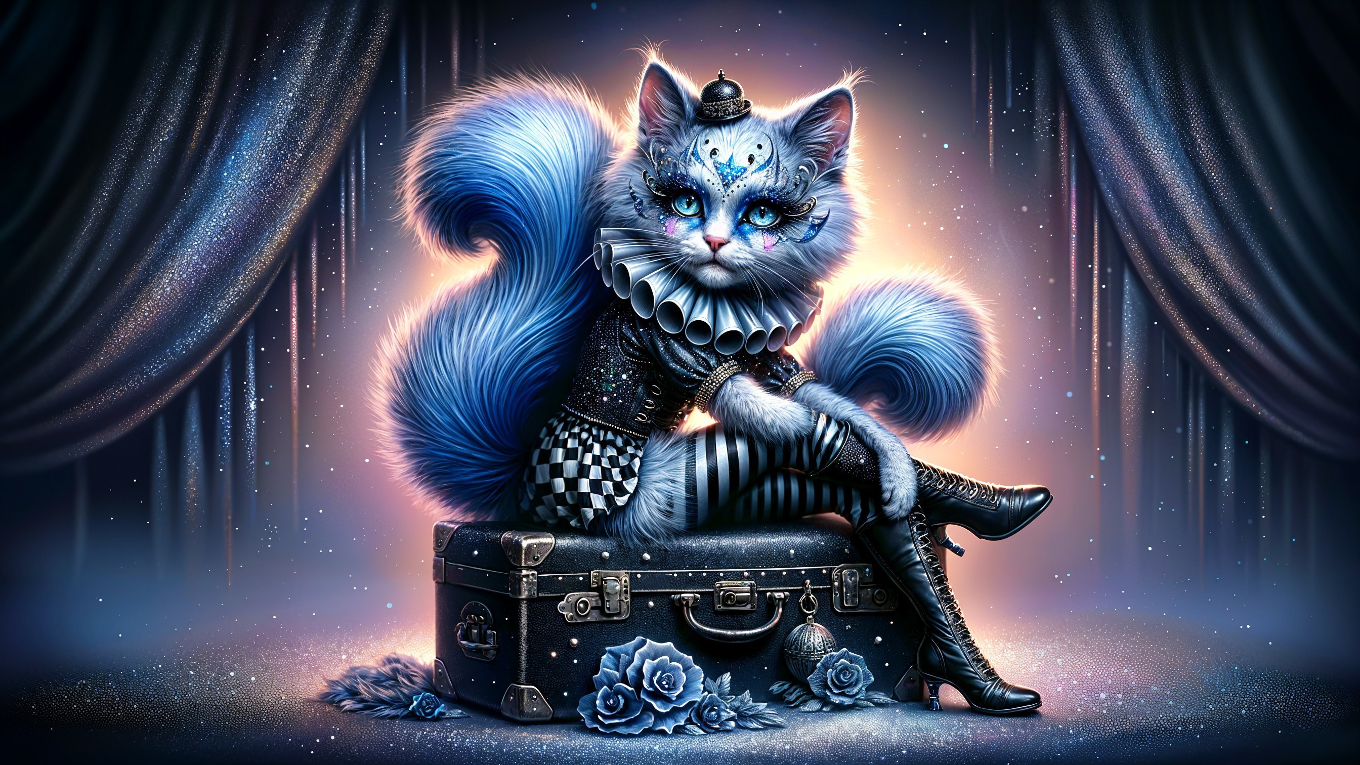 Whimsical Cat on Ornate Suitcase with Starry Background