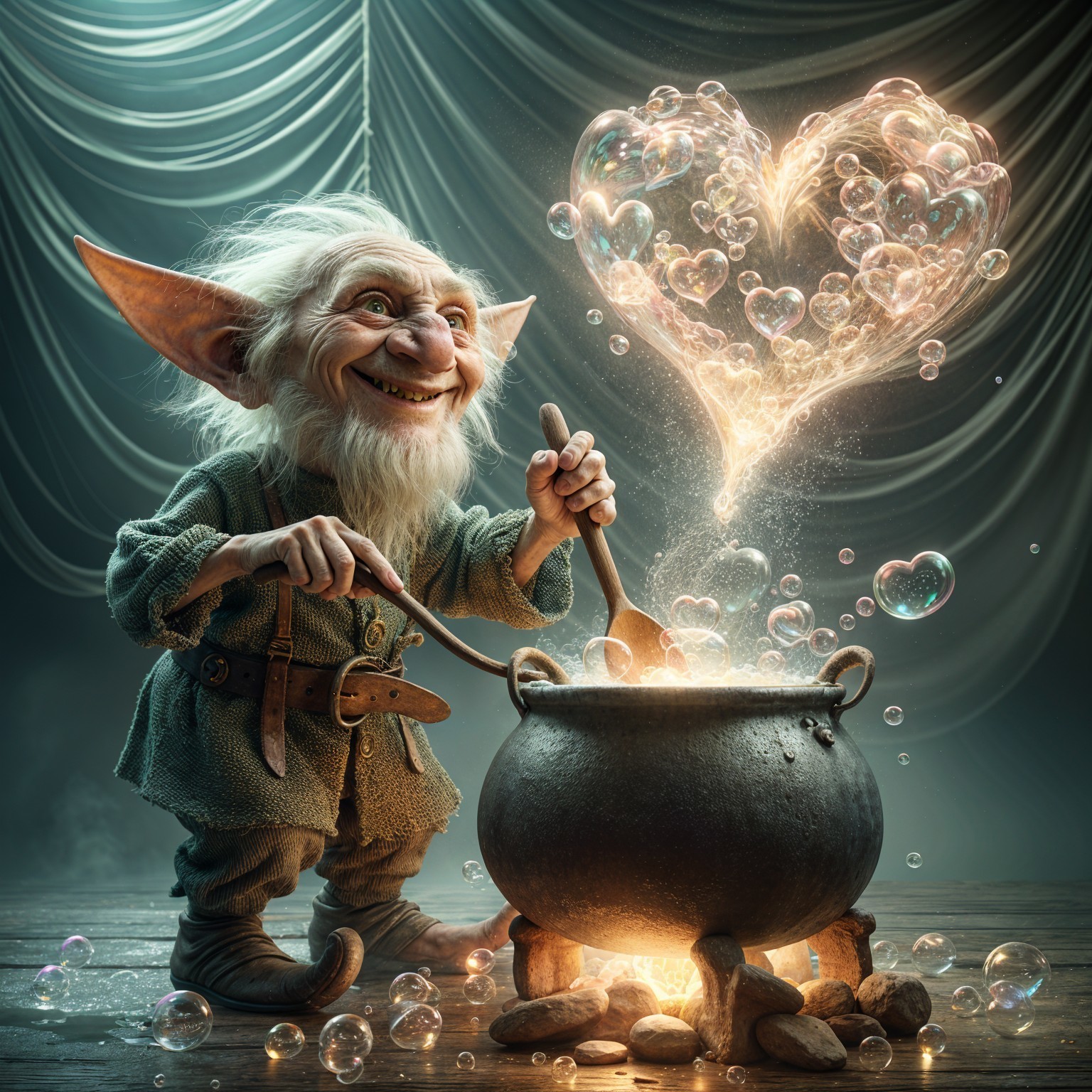 Whimsical Goblin Stirring Cauldron with Magical Bubbles