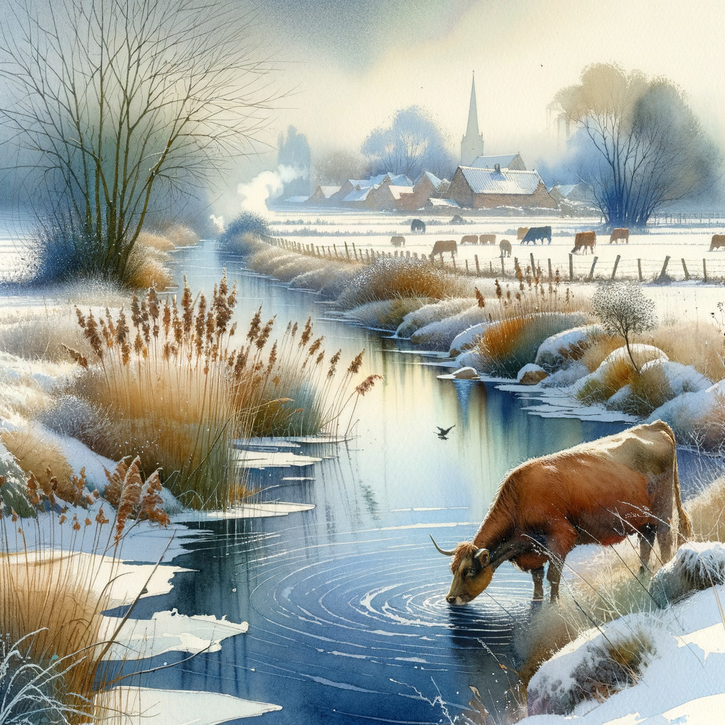 Serene Winter River Scene with Cows and Village