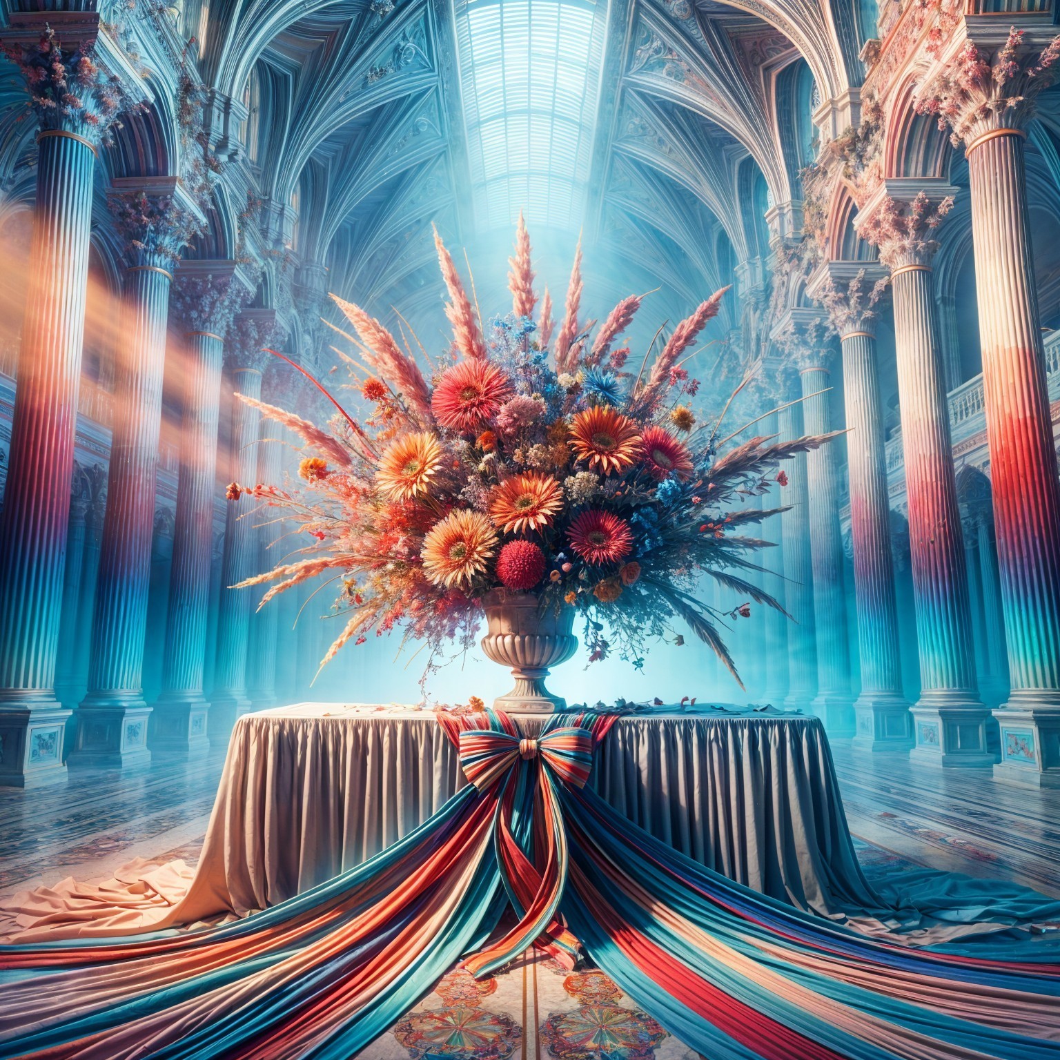 Vibrant Floral Arrangement in Grand Hall Setting