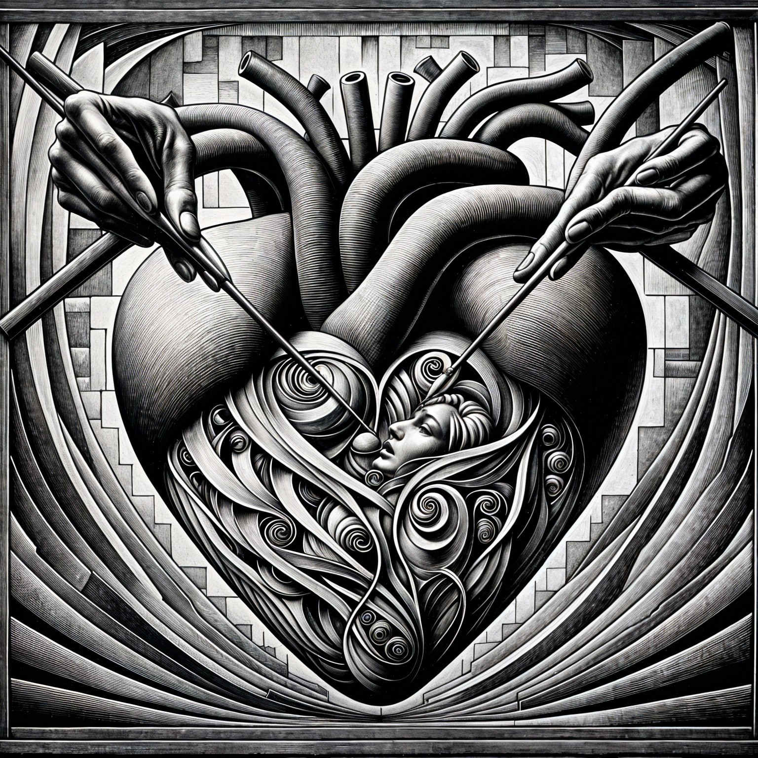 Intricate Heart Design with Symbolic Elements and Tools