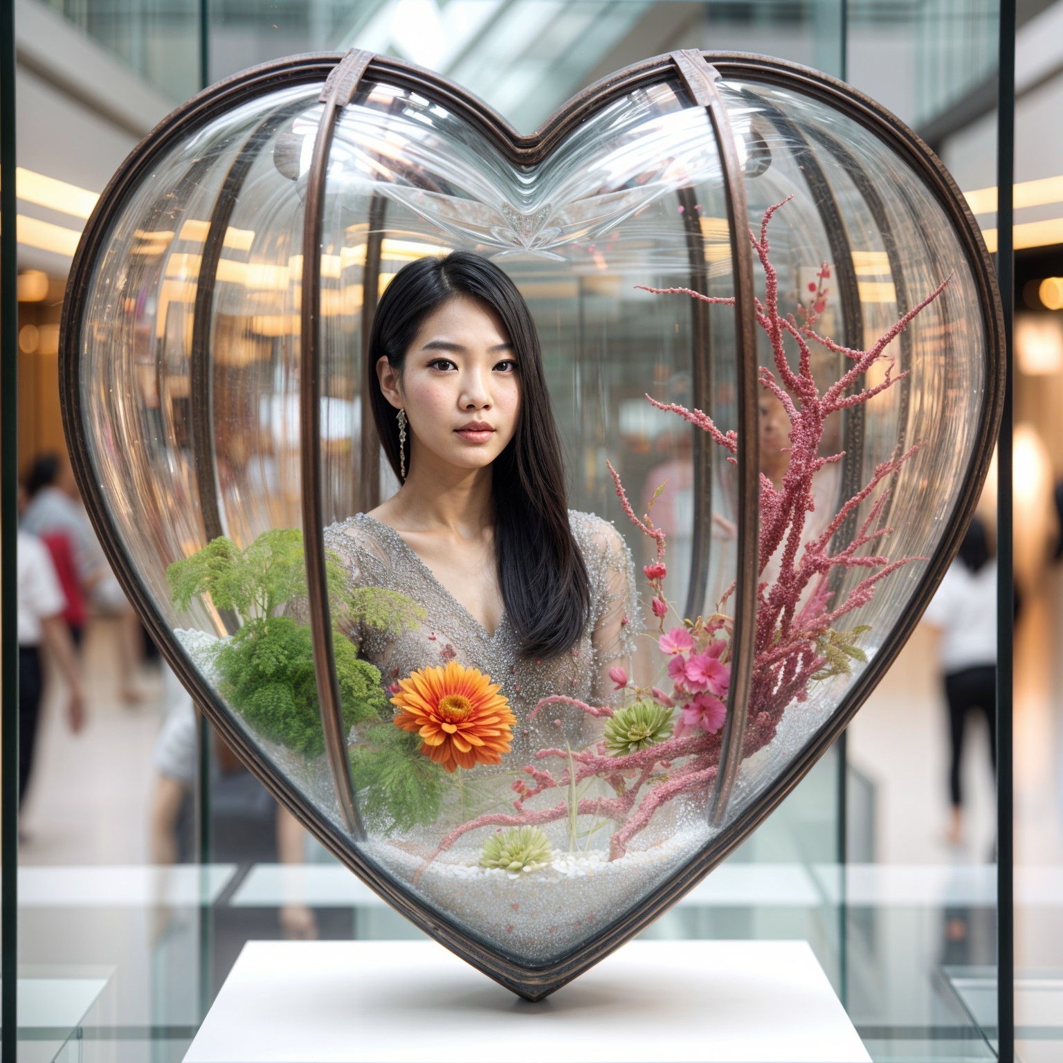 Art Installation of Woman in Heart-Shaped Glass Enclosure