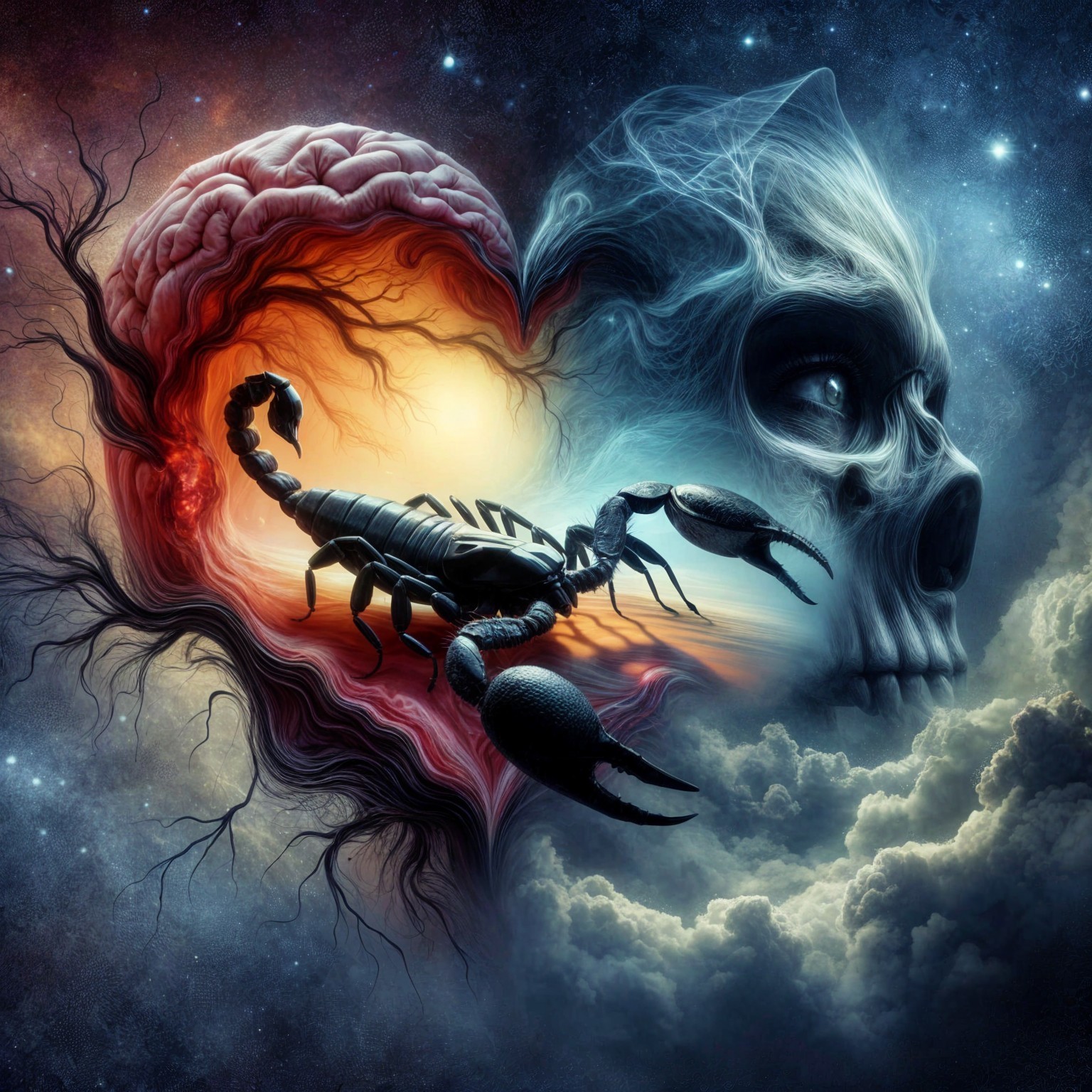 Surreal Heart and Skull Composition with Scorpion