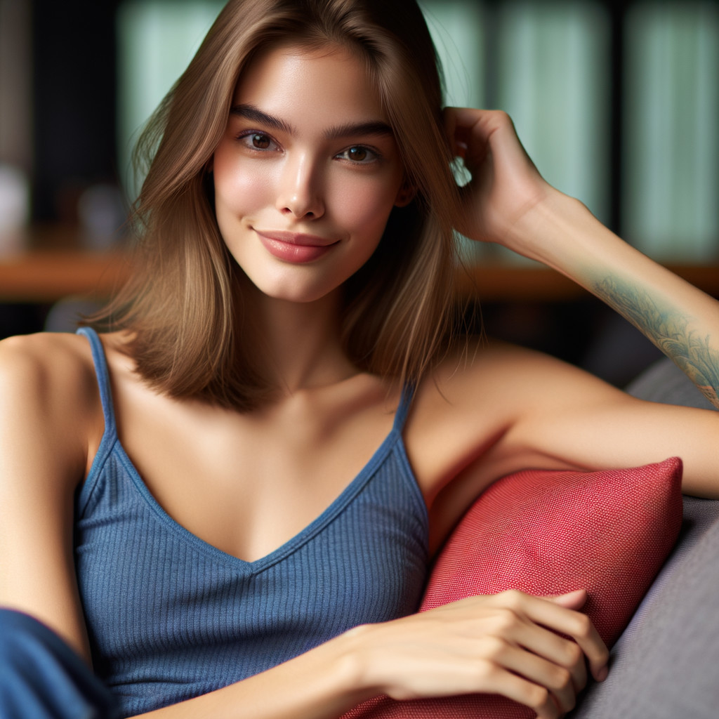 Young woman in casual attire on a cozy couch