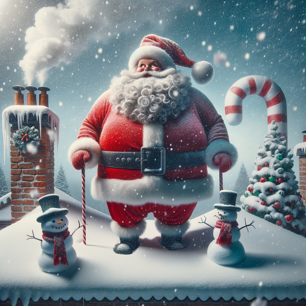 Santa Claus on Rooftop with Snowmen and Christmas Tree