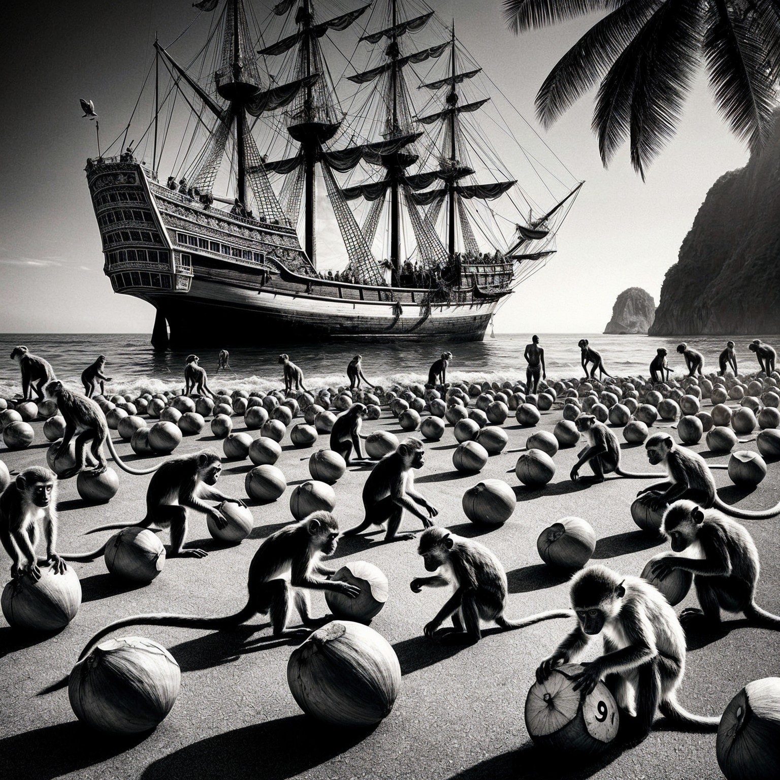 Tall Ship and Monkeys on a Sandy Beach Scene