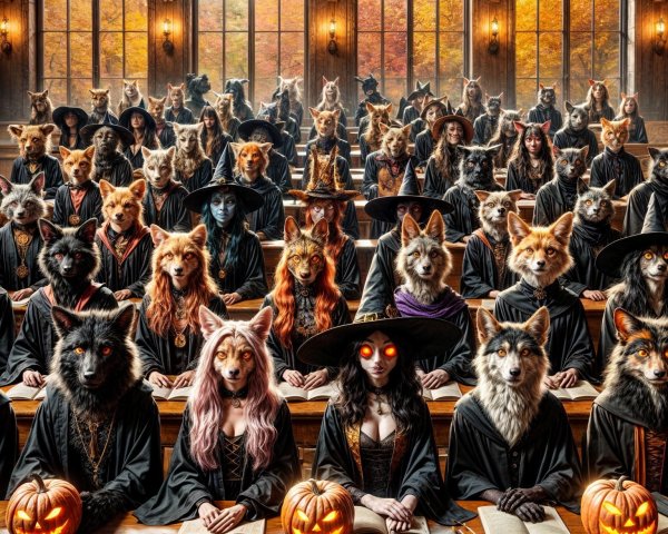 Magical Classroom with Wizard Animals in Autumn Setting