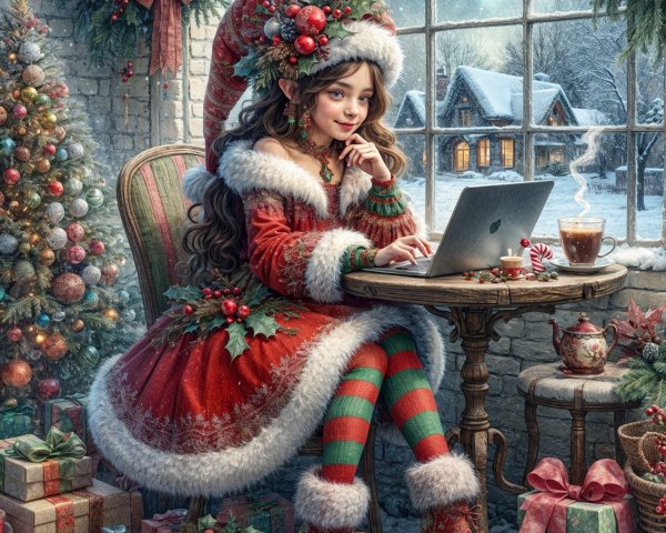 Young Girl in Christmas Outfit at Table with Laptop