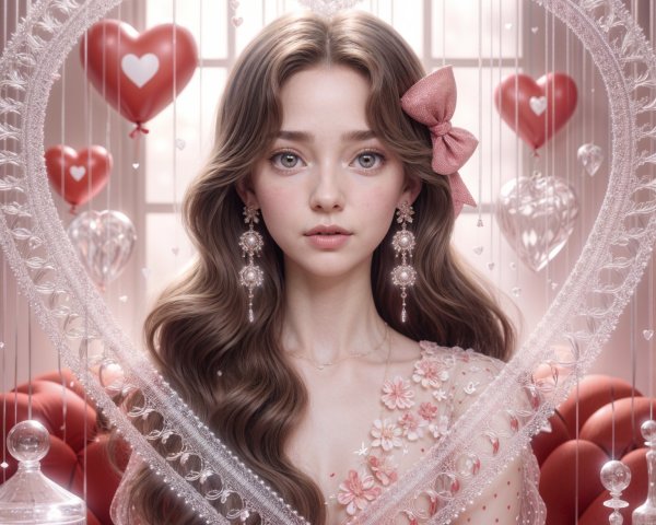 Young woman in floral dress with heart-themed backdrop