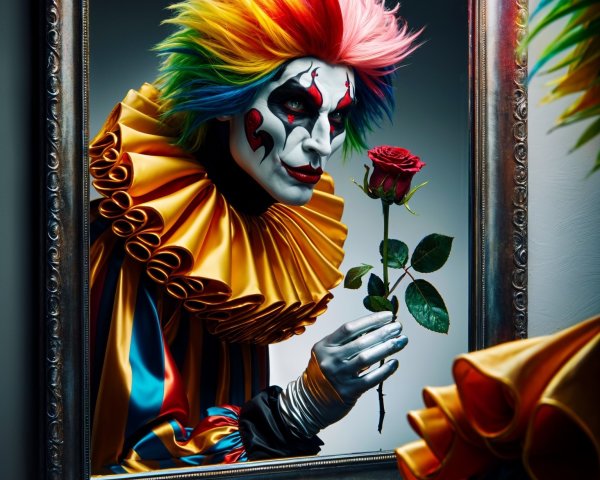 Vibrant Clown with Rainbow Wig and Decorative Mirror