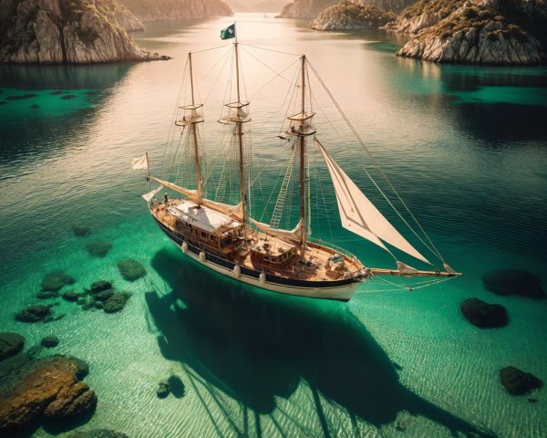 Tall Ship Sailing in Turquoise Waters and Cliffs