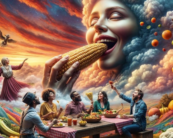Surreal Feast Under Vibrant Sky with Joyful Gathering