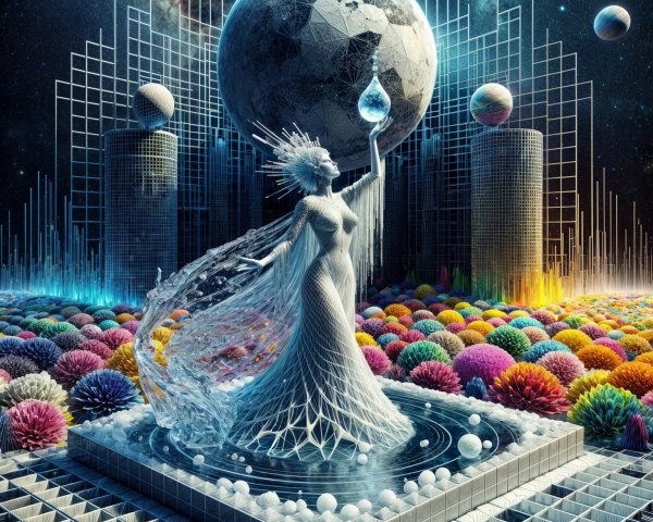 Translucent figure with glowing orb in cosmic landscape