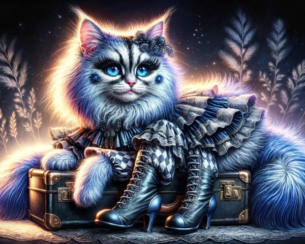 Fluffy Blue and White Cat in Stylish Outfit on Suitcase