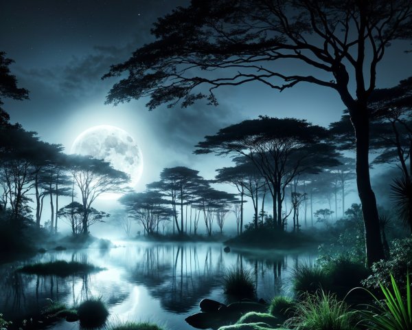 Serene Night Scene by a Tranquil Lake with Moonlight