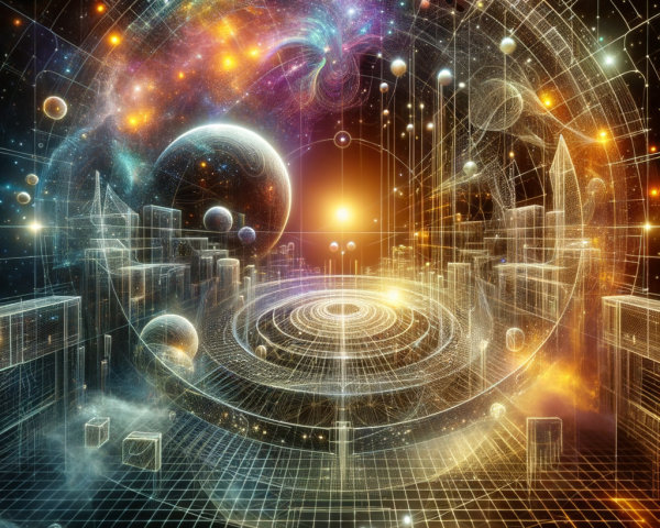 Cosmic Scene with Futuristic City and Geometric Patterns