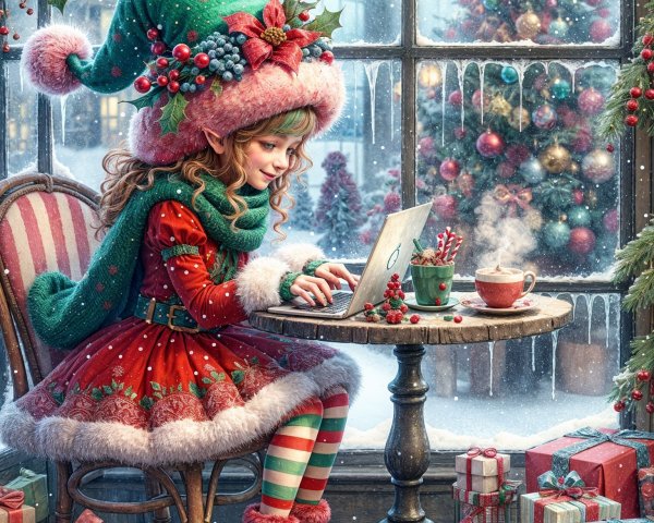 Cheerful Girl in Festive Attire at Cozy Holiday Scene