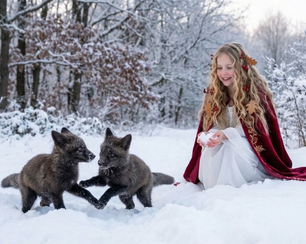 Young girl in snowy forest with fox kits and autumn leaves