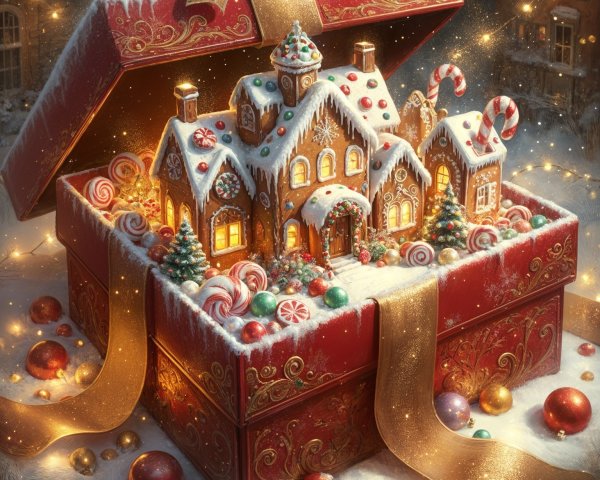 Gingerbread House in Festive Gift Box with Decorations