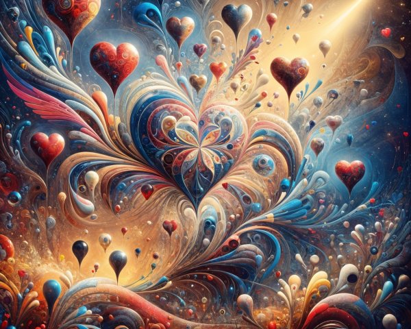 Vibrant Abstract Composition with Heart Shapes and Light