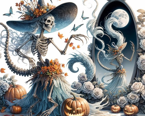 Whimsical Skeleton Witch with Autumn Flowers and Pumpkins