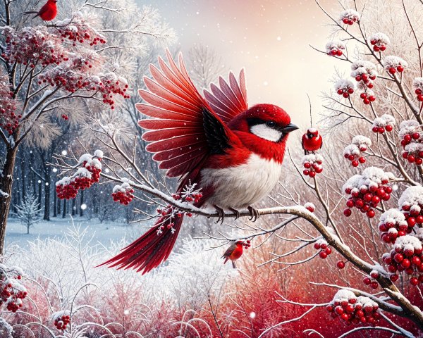 Vibrant Red Bird on Snowy Branch with Berries