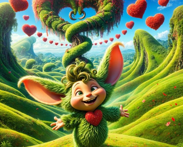 Whimsical landscape with heart-shaped tree and creature
