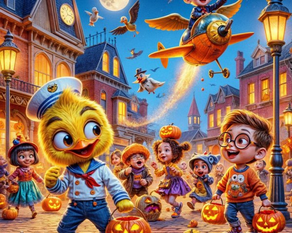 Whimsical Halloween Scene with Duck and Children
