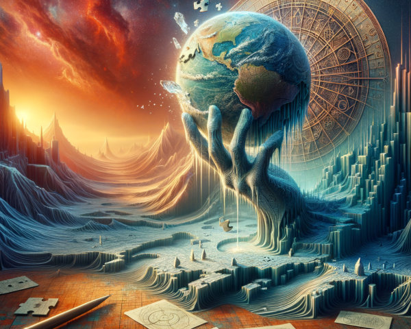 Surreal Landscape with Giant Hand Cradling Earth