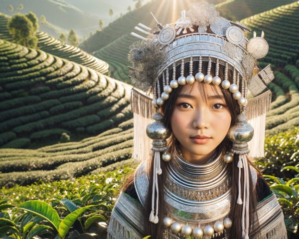 Young woman in traditional silver jewelry in tea terraces