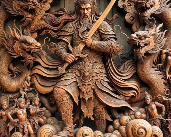 Wooden Carving of Warrior with Dragons and Clouds