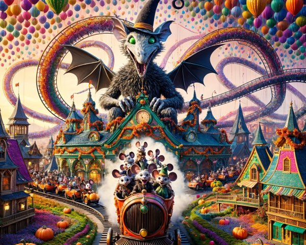 Fantasy Amusement Park with Colorful Balloons and Creatures
