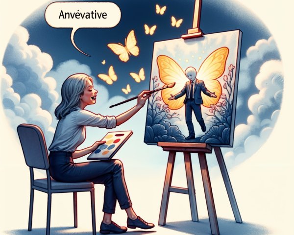 Woman Painting Whimsical Scene with Butterflies