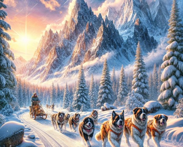 Winter Dog Sled Team Racing Through Snowy Landscape