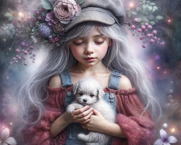 Girl with Silver Hair Holding a Puppy in Whimsical Setting