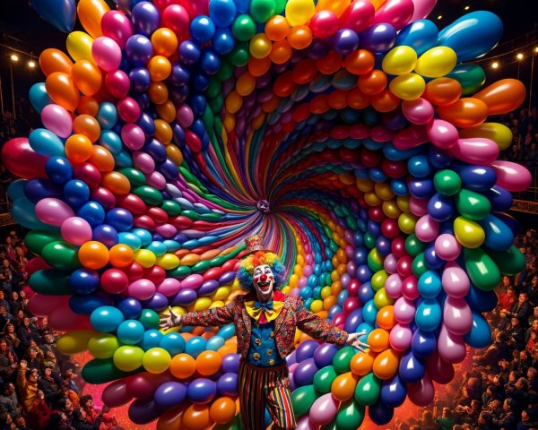 Vibrant Circus Scene with Cheerful Clown and Balloons