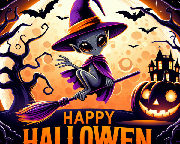 Cartoon Alien Witch in Whimsical Halloween Scene