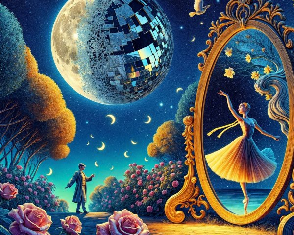 Dreamlike Scene with Mirror, Roses, and Ballerina