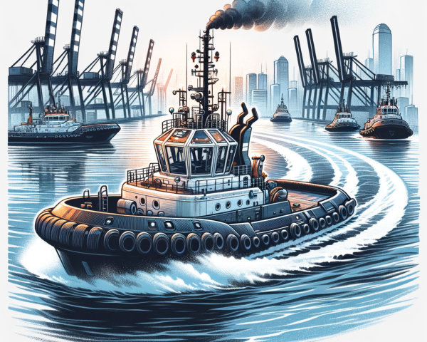 Tugboat Navigating Calm Waters Near Industrial Port