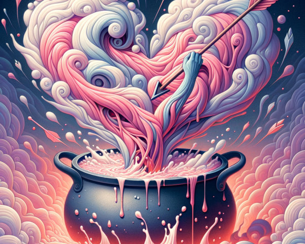 Whimsical Black Cauldron with Heart-Shaped Clouds