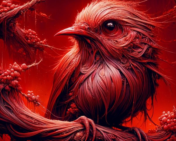 Surreal Bird with Red Fibers on Twisted Branch