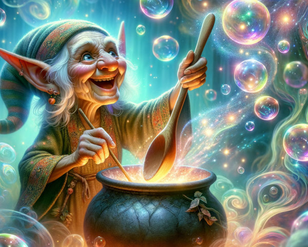 Elderly Elf Stirring Magical Cauldron in Vibrant Setting