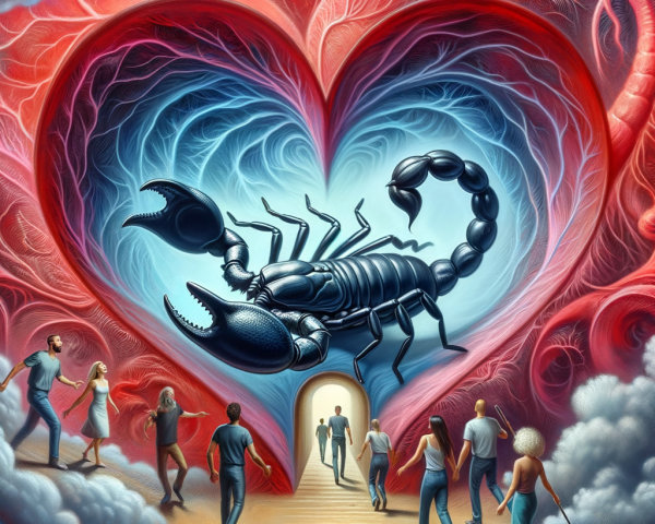 Surreal Heart-Shaped Composition with Scorpion Center