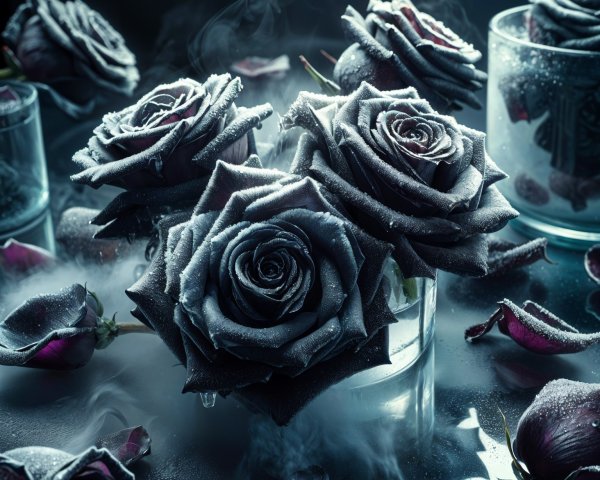 Black Roses in Glass Vases with Ethereal Mist