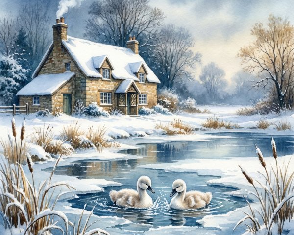 Winter Watercolor Landscape with Cottage and Cygnets