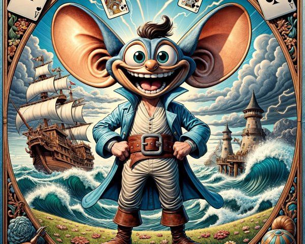Whimsical Cartoon Character with Pirate Ship Background